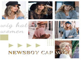 A newsboy hat with wavy curly hair extensions, suitable for women wearing hats with synthetic wigs V1366-AZ2-W-13411