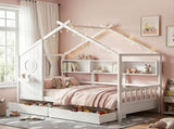 Artiss Kids Single Bed Frame with 3 Storage Bookcase & 2 Drawers House Bed Solid Wood Montessori Bed WBED-F-DREGO-S-WH-DRAW