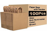 100 Pcs Brown Kraft Gift Bags With Handles, Medium Paper Bags for Craft Shopping Business Party V1237-MS-724-141