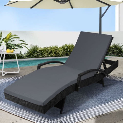 Gardeon Sun Lounge Wicker Lounger Outdoor Furniture Beach Chair Patio Adjustable Cushion Black FF-LOUNGE-ARM-BK