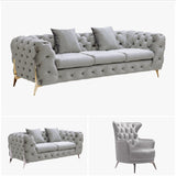 Grand Tufted Lounge - Light Grey Velvet - Silver Legs V292-L-GR-LG-3-2-1-S
