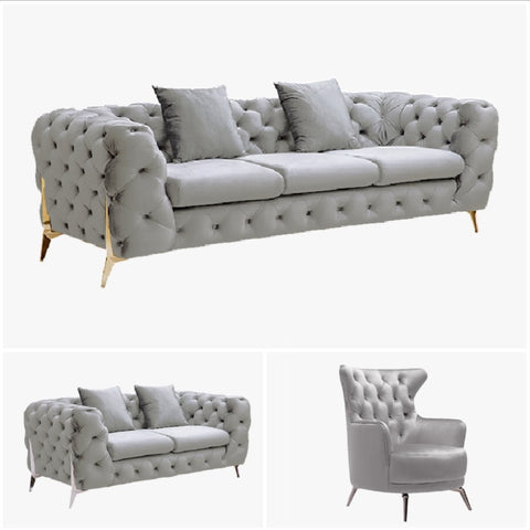 Grand Tufted Lounge - Light Grey Velvet - Silver Legs V292-L-GR-LG-3-2-1-S