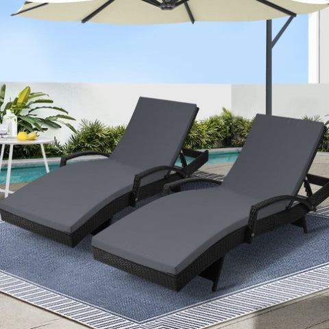 Gardeon 2PC Sun Lounge Wicker Lounger Outdoor Furniture Beach Chair Patio Adjustable Cushion Black FF-LOUNGE-ARM-BKX2