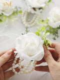 White Ivory Rose Wrist Corsage, Set of 6, Wedding Bridal Flower Corsage Hand Decor for Prom Party V1258-DP02-WO-561