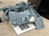 Blue Vintage Rivet Crescent Moon Bag with Card Holder & Mirror, French Retro PU Leather Shoulder & V888-ELOSUNG13773