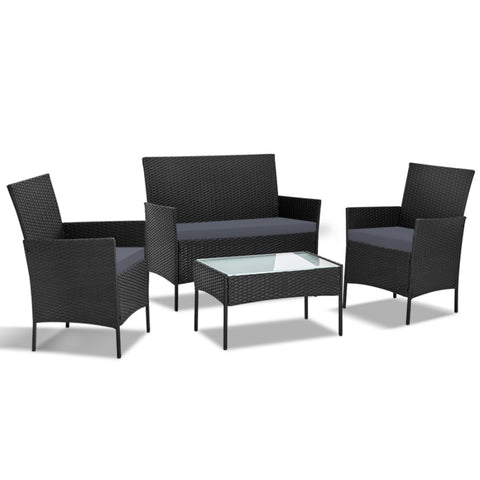 Gardeon 4 Seater Outdoor Sofa Set Wicker Setting Table Chair Furniture Black ODF-PATIO-17007-BK-AB