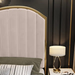 Elegant Luxury King Size Bedframe in Beige with Gas Lift Storage Velvet Fabric Golden Trim V357-STARSHINE-KING-BEIGE