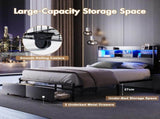 Double Black LED Bed Frame with 2 Storage Drawers and Charging Station V178-59297