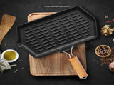 SOGA Rectangular Cast Iron Griddle Grill Frying Pan with Folding Wooden Handle ZPAI047