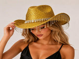 Gold Rhinestone Fringe Cowboy Hat - Sparkling Western Party Hat with Round Gemstone Band and Crystal V888-ELOSUNG57115-2