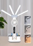 4-Arm Foldable LED Desk Lamp with Built-in Fan, Digital Clock, Temp Display & Dual Pen Holders V1107-CS-CTXXZDD