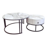Snowy Mountain Faux Modern Marble Slate Nesting Coffee Table Set Leather Wrapped Wood Drawers V255-CT-NESTING-BLKFRM-CW-WH