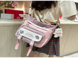 Women's Kawaii Purple Shoulder Bag with Cute Bear Plush Charm and 4 Badges Large Capacity Nylon Tote V888-ELOSUNG41084