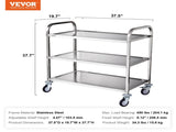 3-Tier Utility Cart Rolling Cart on Wheels 37.5"x20"x37.7" 450 LBS 6 Hooks V952-BXGCFTCCB374XSWSCV0