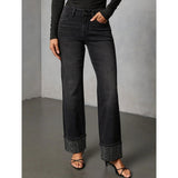 Women'S High Waisted Straight Leg Jeans Rhinestone Sparkle Stretch Trendy Streetwear Jeans Blue L V1366-AZ2-W-14455