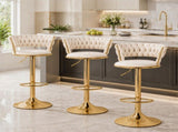 Artiss Bar Stools X3 Kitchen Counter Chair Gas Lift Velvet Woven Backrest Ivory BA-K-1006-IVX3