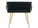 Set of 2 Velvet Upholstered Woven Dining Chairs with Golden Metal Legs, Black V1127-AU-DC01-BLK