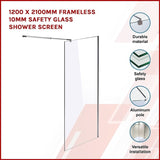 1200 x 2100mm Frameless 10mm Safety Glass Shower Screen V63-829781