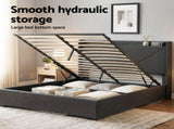 Artiss Queen Bed Frame Gas Lift Storage Bed with Charging Ports Upholstered Geometric Headboard BFRAME-G-MORFEI-Q-BK-ABC