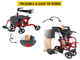 2-in-1 Foldable Aluminium Rollator Walker with Seat, Adjustable Handles, 8" All-Terrain Wheels, V1181-HP002-RD