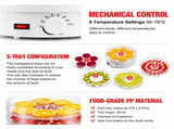 White 5 Tier Large Capacity Food Dehydrator and Healthy Snack Maker - Electric Fruit Vegetable Meat V888-ELOSUNG55140-1
