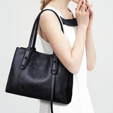 Top-Grain Leather Contrast Tote Large Capacity Commuter Shoulder & Handbag, Fabric Lining V1232-ZPDJB-001