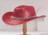 Pink Rhinestone Fringe Cowboy Hat - Sparkling Western Party Hat with Round Gemstone Band and Crystal V888-ELOSUNG57115-3