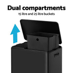 Cefito Pedal Bins Rubbish Bin Dual Compartment Waste Recycle Dustbins 40L Black RB-40L-2C-BK