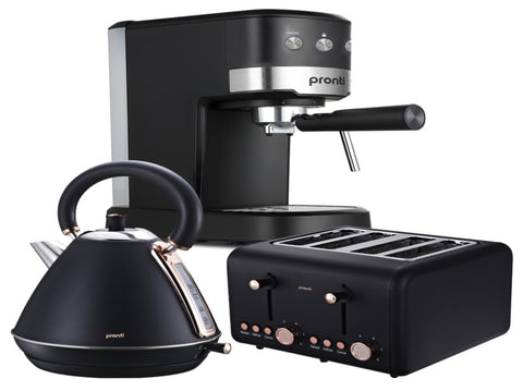 Pronti Breakfast Set with Rose Gold Kettle & Toaster with 1.2L Espresso Machine - Black KT-TS-850D-BK