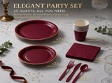 25 Guest Deep Red Disposable Tableware Set - 9 Inch and 7 Inch Paper Plates, Cups, Napkins and V888-ELOSUNG57091