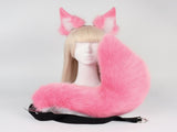Pink Plush Faux Fur Fox Ears Headband and Tail Set - Realistic Animal Costume for Cosplay & Parties V888-ELOSUNG33556