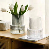Transparent Modern Two-Tier Ribbed Glass Vase - Elegant Cylindrical Flower Centrepiece for Home V888-ELOSUNG32844