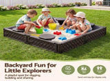 Keezi Kids Sandpit Sandbox With Cover 4 Seats Outdoor Sand Box Brown SAND-PE-SQUARE-BR