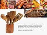 9 Piece Wooden Cooking Utensil Set, Heat Resistant Non Scratch Spoons And Spatulas With Holder, For V1237-ZY-807-025