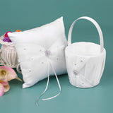 7 * 7 inches White Satin Rhinestone Decorated Ring Bearer Pillow and Wedding Flower Girl Basket Set V1294-YM0901-H21028
