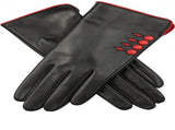 Dents Womens Leather Gloves w/ Button Detail Piped Cuff & Silk Feel Lining - Black/Berry - Large V563-7-6009-BLACK_BERRY-L