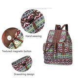 Lozenge Pattern Bohemian Style Canvas Backpack - Vintage Tribal Pattern Travel Bag with Leather V888-ELOSUNG12567