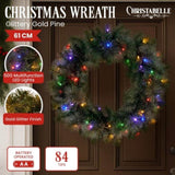 Christabelle 61cm Christmas Wreath LED Lights Glittery Gold Pine Front Door Decoration Ornament 112_SENGG61