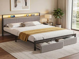 Artiss Metal Bed Frame Queen Size LED Charging Station 2 Drawers MBED-D-LINE-Q-BK-AB