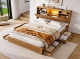 Artiss King Single Bed Frame with Storage, 4 Drawers, USB and Night Light Natural WBED-F-TAMBUR-KS-WOOD-ABC