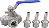 3 Way Shut Off Ball with 3/8" Hose Barb Fittings Stainless Steel T Type Three Way by Pass V1258-DP02-C-2583