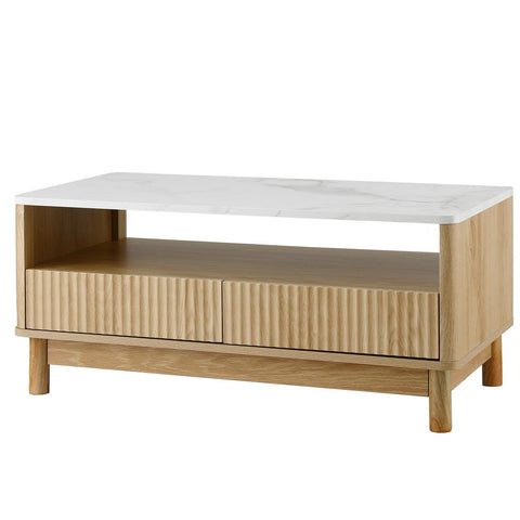 Artiss Coffee Table Drawer Shelf Marble Effect Wood&White FUR-Z-COF-03-WHWD