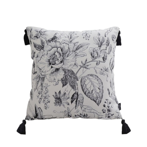 SOGA 50cm Throw Pillow Black and White Elegant Floral Print with Tassel Accents Home Decor FRENCHCUSHION341