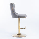 4x Height Adjustable Swivel Bar Stool Velvet Studs Barstool with Footrest and Golden Base- Grey V226-SW1912GY-2
