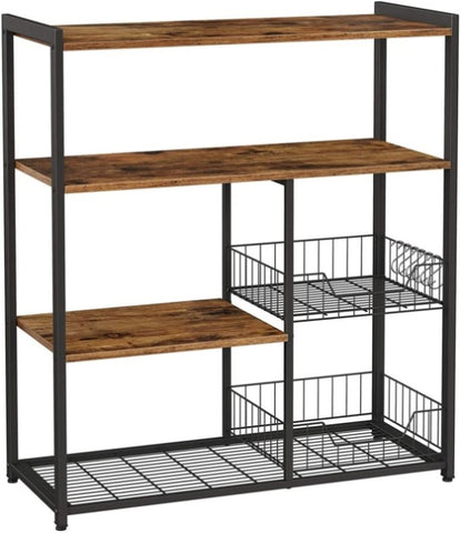 Baker's Rack with 2 Metal Mesh Baskets, Shelves and Hooks, 80 x 35 x 95 cm, Industrial Style, Rustic V178-11468