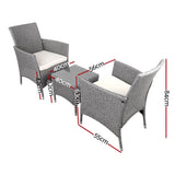 Gardeon 3PC Outdoor Bistro Set Patio Furniture Wicker Setting Chairs Table Cushion Grey ODF-BISTRO-RATTAN-GE