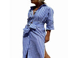 Women'S Shirt Dress Casual Lapel 3/4 Sleeve Button-Down Collar Slit Tie Resort Maxi Dress Blue XL V1370-AZ4-10413