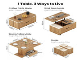 Fittro 3-in-1 Lift Top Coffee Table with 4 Chairs, Dining Table Work Desk Built-in Storage, MF-CT-W4C-NAT-AB