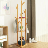 Wooden Coat and Hat Stand with 10 Hooks Floor Standing Clothes and Umbrella Rack V767-XJJ43-G2