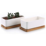 17Cm Ceramic Succulent Pot With Bamboo Tray White 2 pcs Set, Cactus Planter Cache Pot Jardinire V1188-MS-227-2781